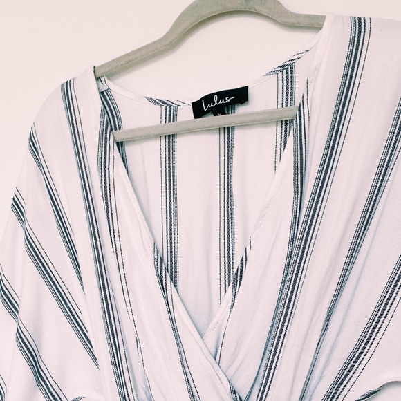 Lulu’s White Striped Short Sleeve V-Neck Romper - Picture 7 of 15